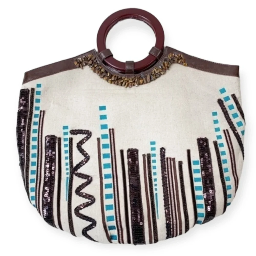 𝅺chico’s Wood Handle Jute Purse Southwestern Sequins Beading Tan Turquoise